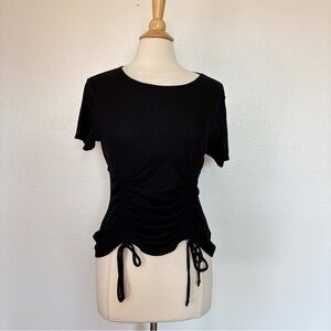 Solid Black Ribbed Gathered Short Sleeve Top